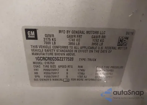 2016 Chevrolet Silverado 1500 1Lt z USA, uszkodzony, nr VIN 1GCRCREC5GZ277528